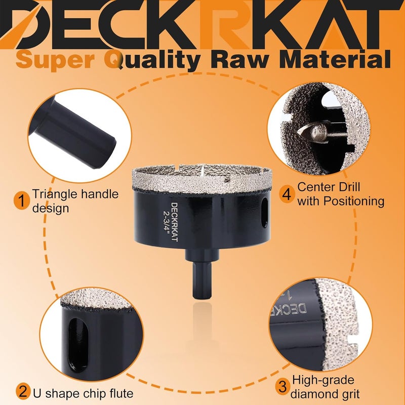 DECKRKAT 2-3/4 inch Diamond Hole-Saw Bits with Pilot Drill Bit -2-3/4" Diamond Tipped Tile Hole Saws with Guiding Bit Accurate Drilling for Porcelain Tile Ceramic Pottery Granite Stone Glass Bottles 70mm - Image 4